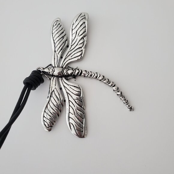 Elegant Large Silver Dragonfly Pendant on Long Leather Cord Necklace Rustic Look - Picture 3 of 12